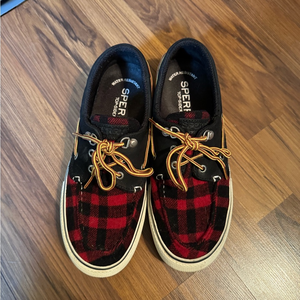Sperry Black and Red Plaid Sneakers with Leather Trim